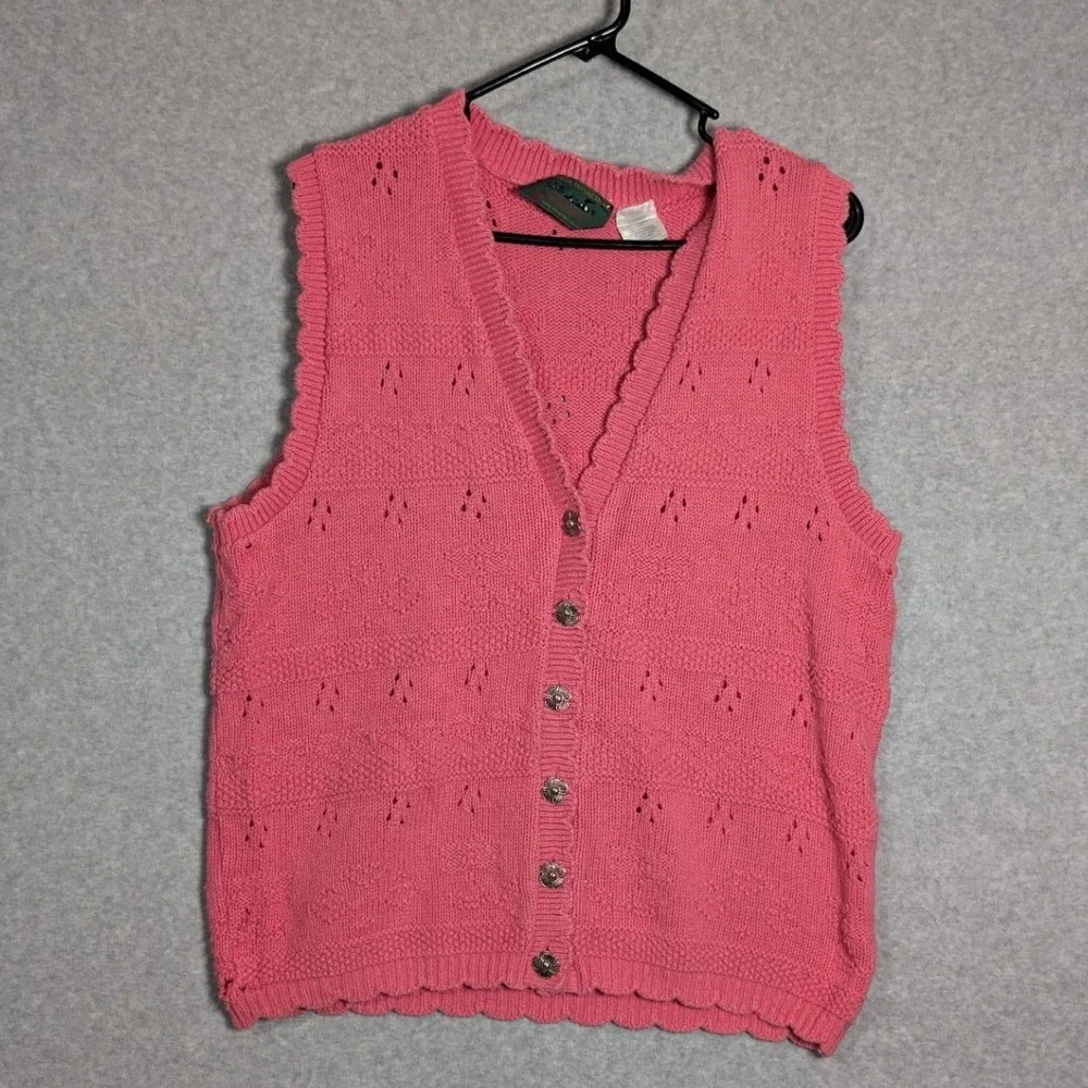 Northern Reflections Sweater Vest Lg Vintage Pink Pointelle Knit Flower‎ Grandma